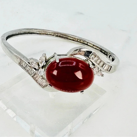 Jewelry - Burgundy Cabochon Glass Bracelet Baguette Rhinestone Silver Tone Hinged …